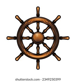 Ship wooden steering wheel. Vector illustration in engraving technique of old fashioned wooden helm.