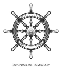 Ship wooden steering wheel. Vector illustration in engraving technique of old fashioned wooden helm.
