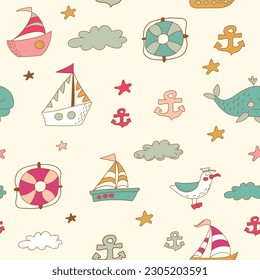 Ship, yacht, albatross, whale, lifebuoys, clouds, stars, anchor on a white background. Marine seamless pattern on a background. Hand drawn. Vector illustration.