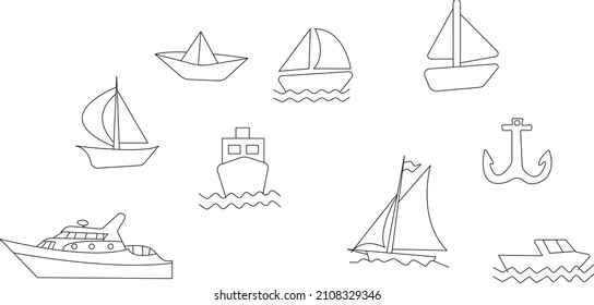 ship yacht boat submarine hand drawn anchor set collection vector