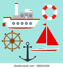 Ship, yacht, helm, anchor, lifebuoy, sea set. Flat design, vector.