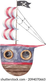 ship, yacht for pirate, children's cute illustration on white background