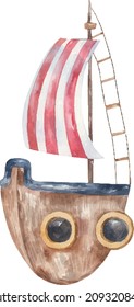 ship, yacht with sail of red and white color, children's cute illustration on a white background