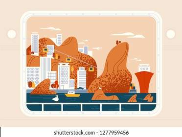 Ship, yacht or sea vessel window view on beautiful seaside town, urban landscape. Around the world trip, cruise, travel or journey through beautiful places. Modern vector in flat cartoon style.