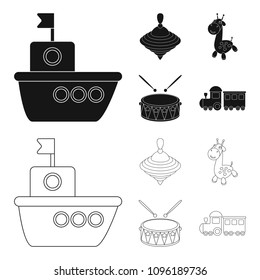 Ship, yule, giraffe, drum.Toys set collection icons in black,outline style vector symbol stock illustration web.