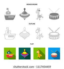 Ship, yule, giraffe, drum.Toys set collection icons in flat,outline,monochrome style vector symbol stock illustration web.