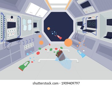 Ship in zero gravity flat color vector illustration. Food floating in space in special rocket with different science special instruments 2D cartoon interior with deep black space on background