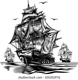 Ship2 engraving picture. Vector illustration