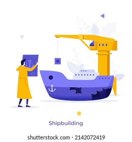 Shipbuilder or shipwright holding blueprint and looking at ship. Concept of shipbuilding, naval engineering, construction of watercrafts or vessels. Modern flat vector illustration for banner, poster.