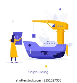 Shipbuilder or shipwright holding blueprint and looking at ship. Concept of shipbuilding, naval engineering, construction of watercrafts or vessels. Modern flat vector illustration for banner, poster.