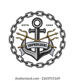 Shipbuilders heraldic icon with anchor and tridents in ship chain, nautical vector emblem. Sailing, seafaring or yachting club heraldry badge with crossed golden tridents and anchor for regatta sport