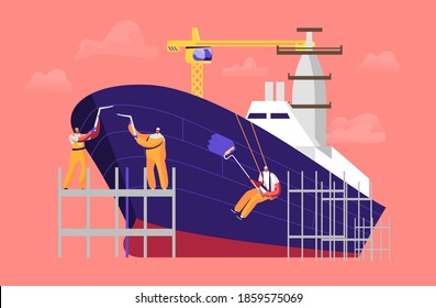 Shipbuilding Concept. Engineers Male Characters Welding and Painting Board Assembling Nautical Vessel on Scaffold in Dock. Ship Building and Manufacturing Industry. Cartoon People Vector Illustration