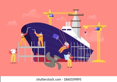 Shipbuilding Concept. Engineers Male Characters Assembling Nautical Vessel Stand on Scaffold in Dock Welding and Painting Ship. Building and Manufacturing Industry Cartoon People Vector Illustration