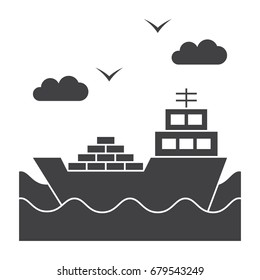 Shipbuilding concept with ship at sea, vector silhouette