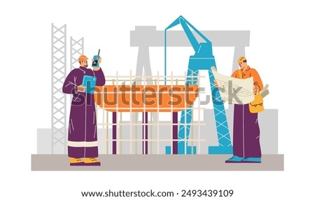 Shipbuilding. Engineer speaks on a walkie-talkie. The design engineer looks at the technical drawing of the vessel. Port crane, ship on scaffolding. Vector illustration isolated on white background.