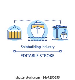 Shipbuilding industry concept icon. Shipping sector. Maritime transport. Ships load, unload. Building and repairing boats idea thin line illustration. Vector isolated outline drawing. Editable stroke