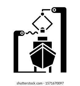 Shipbuilding industry glyph icon. Boat mechanical maintenance. Ship fixing and repairing. Nautical vehicle technical construction. Silhouette symbol. Negative space. Vector isolated illustration