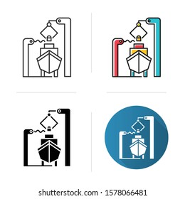 Shipbuilding industry icon. Boat mechanical maintenance. Ship fixing and repairing. Nautical vehicle technical construction. Flat design, linear and color styles. Isolated vector illustrations