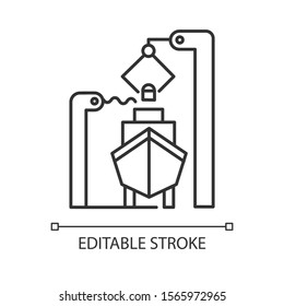 Shipbuilding industry linear icon. Ship fixing and repairing. Nautical vehicle technical construction. Thin line illustration. Contour symbol. Vector isolated outline drawing. Editable stroke