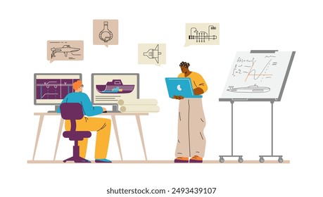 Shipbuilding industry vector illustration. Engineers use computers to create marine equipment drawings, presented in a flat style on an isolated background.