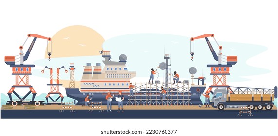 Shipbuilding site. Workers building ship in the dock. Engineers men welding metal structures, painting a vessel. Scaffolds on the ship. Shipbuilding company. Marine industry. Flat vector illustration.