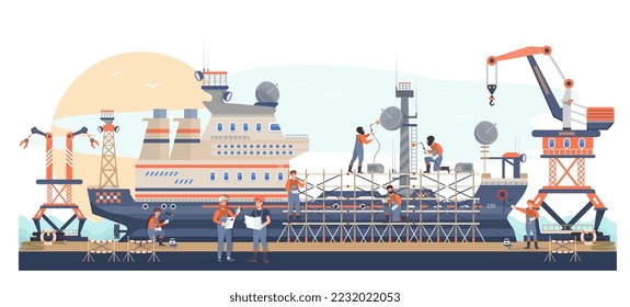 Shipbuilding site. Workers building ship in the dock. Engineers men welding metal structures, painting a vessel. Scaffolds on the ship. Shipbuilding company, plant. Marine industry. Flat vector 