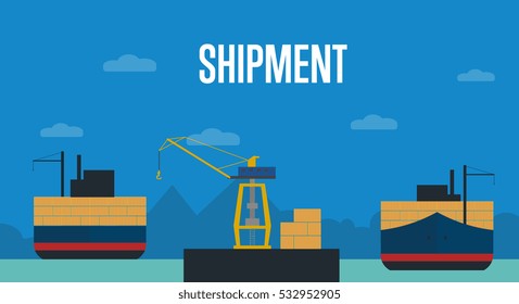 Shipment banner with container ship vector illustration in flat design. Freight crane loading cargo vessel. Industrial freight port, container terminal, worldwide logistics and maritime shipping