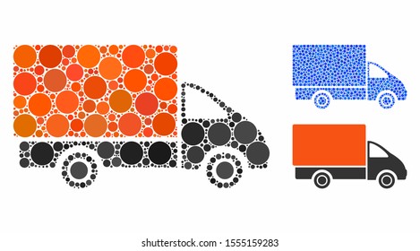 Shipment car mosaic of filled circles in various sizes and shades, based on shipment car icon. Vector filled circles are grouped into blue collage. Dotted shipment car icon in usual and blue versions.