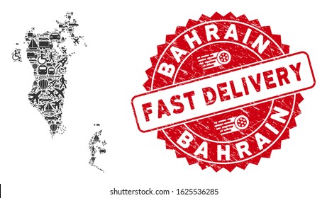 Shipment collage Bahrain map and corroded stamp seal with FAST DELIVERY text. Bahrain map collage designed with grey random traffic items. Red round FAST DELIVERY seal with distress texture.