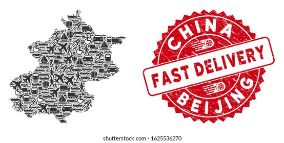 Shipment collage Beijing City map and grunge stamp watermark with FAST DELIVERY text. Beijing City map collage designed with gray scattered shipment elements.