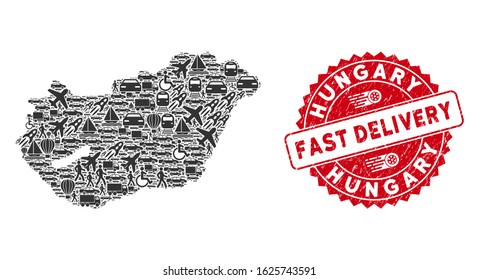 Shipment collage Hungary map and distressed stamp seal with FAST DELIVERY words. Hungary map collage constructed with grey randomized automobile symbols.