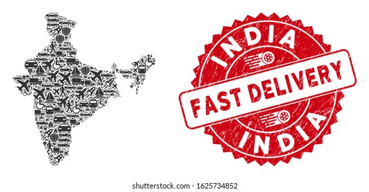 Shipment collage India map and grunge stamp seal with FAST DELIVERY caption. India map collage composed with gray randomized delivery icons.