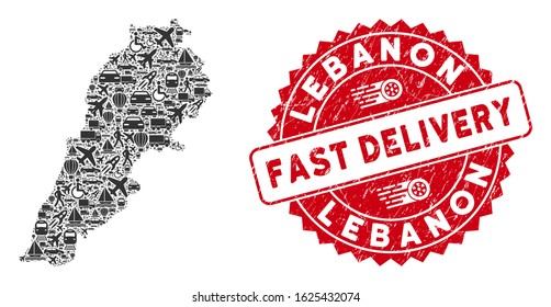 Shipment collage Lebanon map and rubber stamp watermark with FAST DELIVERY words. Lebanon map collage composed with gray randomized transport elements.