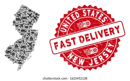 Shipment collage New Jersey State map and grunge stamp seal with FAST DELIVERY text. New Jersey State map collage formed with grey scattered logistics icons.