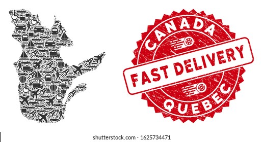 Shipment collage Quebec Province map and corroded stamp seal with FAST DELIVERY caption. Quebec Province map collage constructed with grey randomized shipment elements.