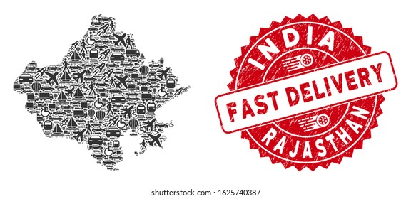 Shipment collage Rajasthan State map and grunge stamp seal with FAST DELIVERY phrase. Rajasthan State map collage created with grey randomized transportation items.