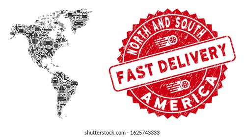 Shipment collage South and North America map and rubber stamp seal with FAST DELIVERY text. South and North America map collage formed with gray random transportation symbols.