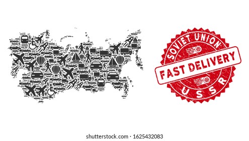 Shipment collage USSR map and grunge stamp seal with FAST DELIVERY words. USSR map collage created with gray randomized shipment icons. Red rounded FAST DELIVERY stamp with grunge texture.