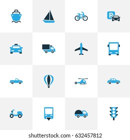 Shipment Colorful Icons Set. Collection Of Caravan, Stoplight, Sailboat And Other Elements. Also Includes Symbols Such As Jet, Scooter, Monorail.