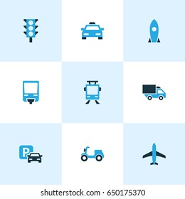 Shipment Colorful Icons Set. Collection Of Plane, Stoplight, Trolley And Other Elements. Also Includes Symbols Such As Jet, Lorry, Aircraft.