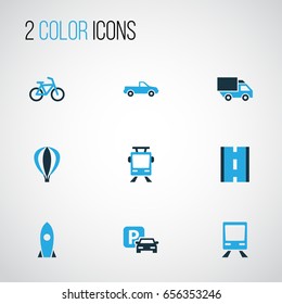 Shipment Colorful Icons Set. Collection Of Trolley, Aerostat, Bicycle And Other Elements. Also Includes Symbols Such As Driveway, Balloon, Trolley.