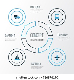 Shipment Colorful Icons Set. Collection Of Carriage, Plane, Sailboat And Other Elements. Also Includes Symbols Such As Aircraft, Tram, Sailing.