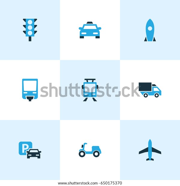 Shipment Colorful Icons Set. Collection Of\
Plane, Stoplight, Trolley And Other Elements. Also Includes Symbols\
Such As Jet, Lorry,\
Aircraft.