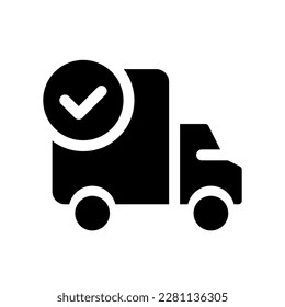 Auslieferung kompletter schwarzer Glyph ui Symbol. Erfolgreicher Transport. Design der Benutzeroberfläche. Silhouette-Symbol auf weißem Raum. Solides Piktogramm für Web, mobil. Einzelne Vektorgrafik