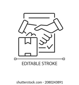 Shipment Contract Linear Icon. International Trade Agreement, Business And Partnership. Thin Line Customizable Illustration. Contour Symbol. Vector Isolated Outline Drawing. Editable Stroke