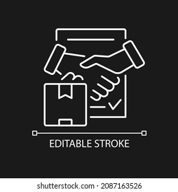 Shipment Contract White Linear Icon For Dark Theme. International Trade Agreement, Business Paper. Thin Line Customizable Illustration. Isolated Vector Contour Symbol For Night Mode. Editable Stroke