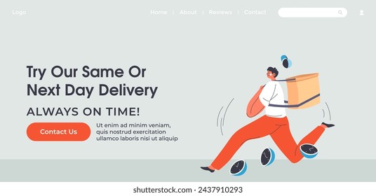 Shipment from courier, fast and quick assistance. Try our same or next day delivery always on time. Man with package for client or customer. Website landing page, internet site. Vector in flat style