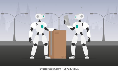 Shipment and delivery of goods for customers. A robotic courier delivering a parcel. Automated process. Vector.