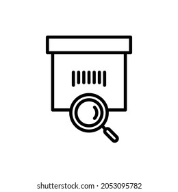 Shipment details thin line icon, package with magnifying glass Tracking of parcel. Modern vector illustration for delivery service.