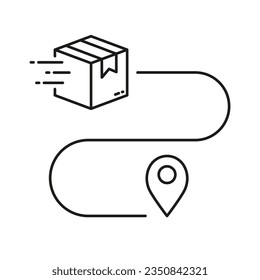 Shipment Distance, Pin on Map with Box Outline Icon. Order Route Sign. Parcel Location Linear Pictogram. Delivery Service Path Line Symbol. Editable Stroke. Isolated Vector Illustration.
